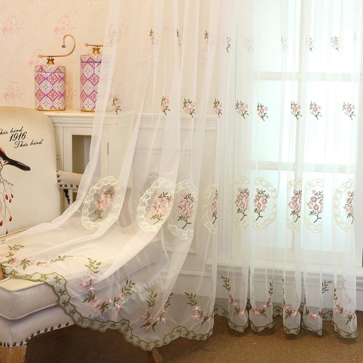 Borduurwerk Sheer Gordijnen, Boerderij Stijl Zeilen Drape Gordijnpanelen, voor Woonkamer Slaapkamer-Roze. 350x270cm (138x106inch) 1st