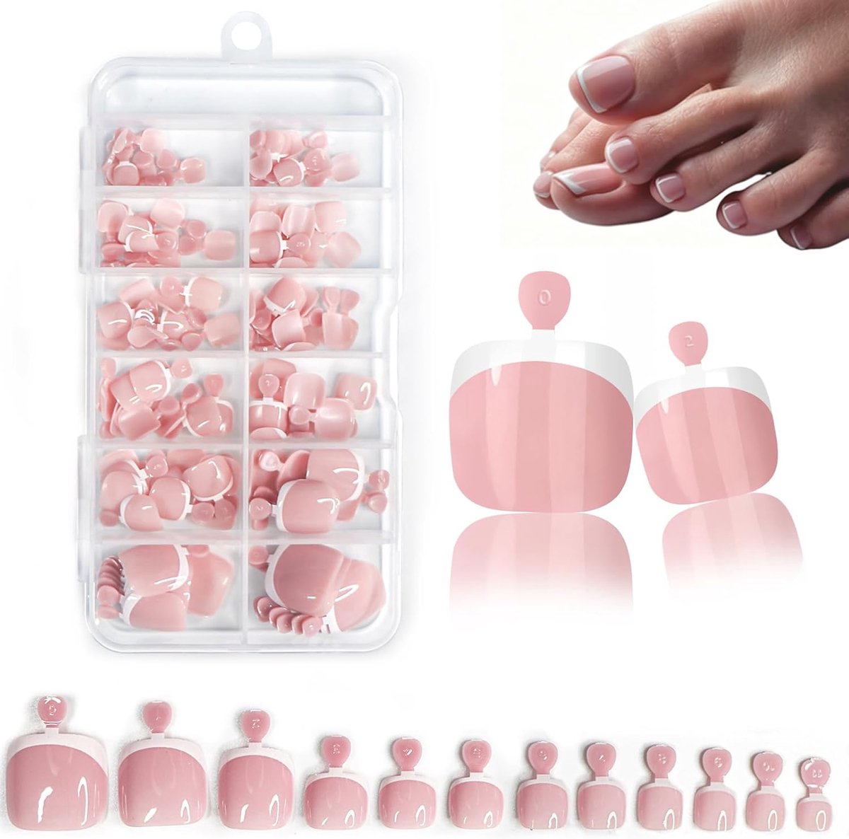 Tip valse teennagels, kant-en-klare Press-on teennagel, 120 stuks acryl nepnagels 12 maten zelfklevende teennagels voor vrouwen, Franse tip cadeau voor meisjes, eenvoudig aan te brengen (wit
