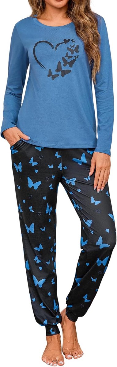 Winterpyjama voor dames, van katoen, pyjama met lange mouwen en lange broek, nachtkleding met vlinderpatroon, S-XXL