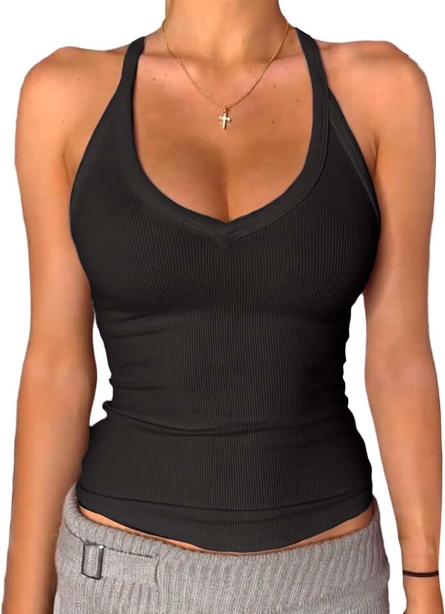 Tanktop voor dames, V-Ausschnitt, Racerback, gepolstert, gerippt, Lang, tailliert, Basic Cami Tops, Zwart, XL