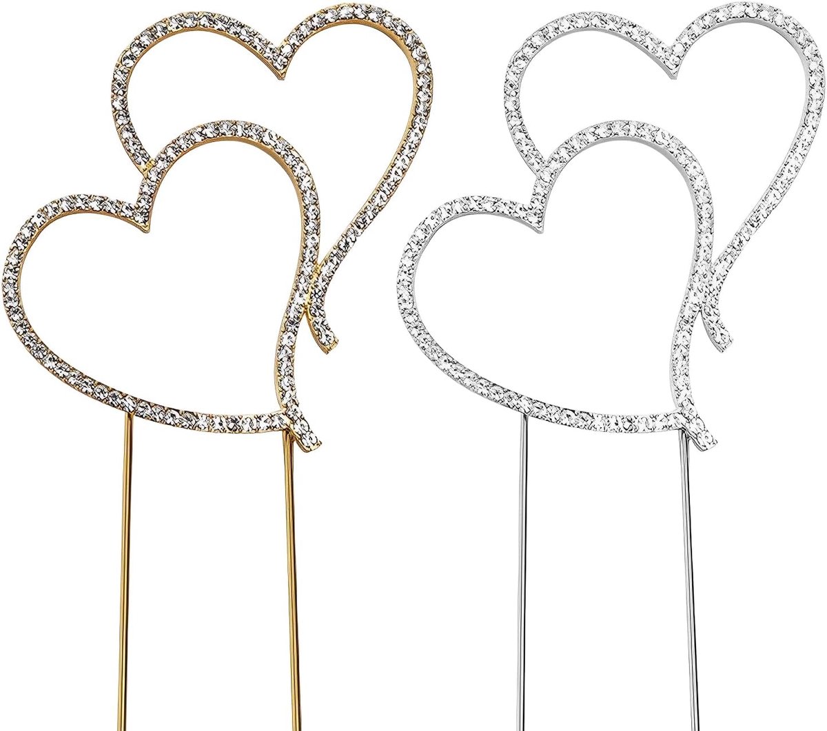 2 stuks hartvormige taartopzetstukken, strass-taartopzetstukken, gepersonaliseerde taartdecoratie, elegant en romantisch, geschikt voor verjaardagsfeest, bruiloft, Valentijnsdag (goud, zilver)