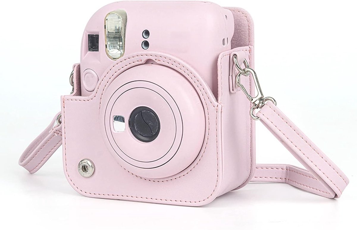 12 Case voor Instant Camera, PU Lederen Beschermende Cameratas met Verstelbare Schouderriem, Draagbare Case (Licht Kersenroze)