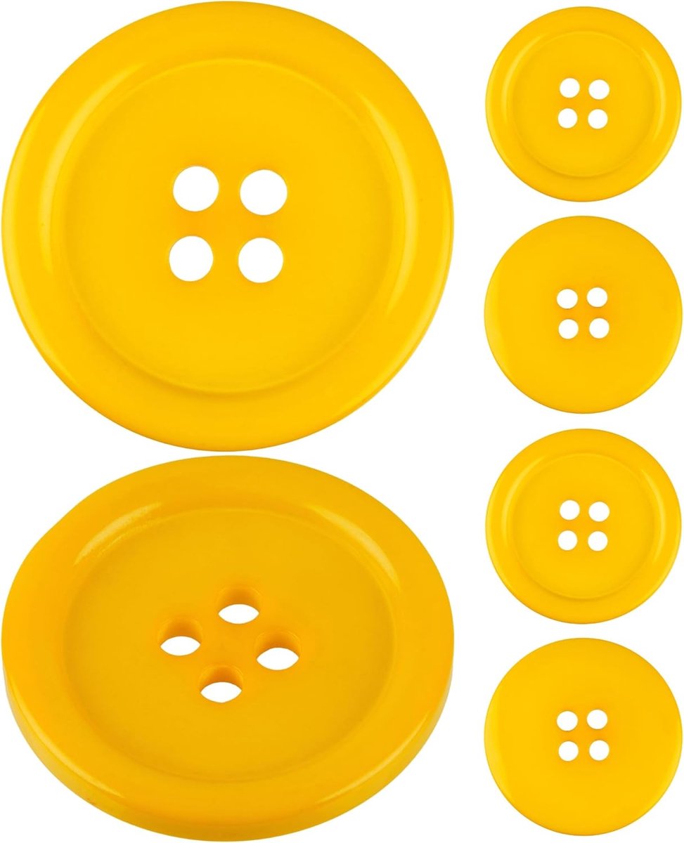 Knopen voor kleding, 6 stuks, 4-gaats, Ø 40,6 mm, in geel, gemaakt van polyester, maat 64L, hars knopen voor jas, jas, shirt, polo shirt, DIY button hars, wasknopen, basis knoop, knutsel knopen
