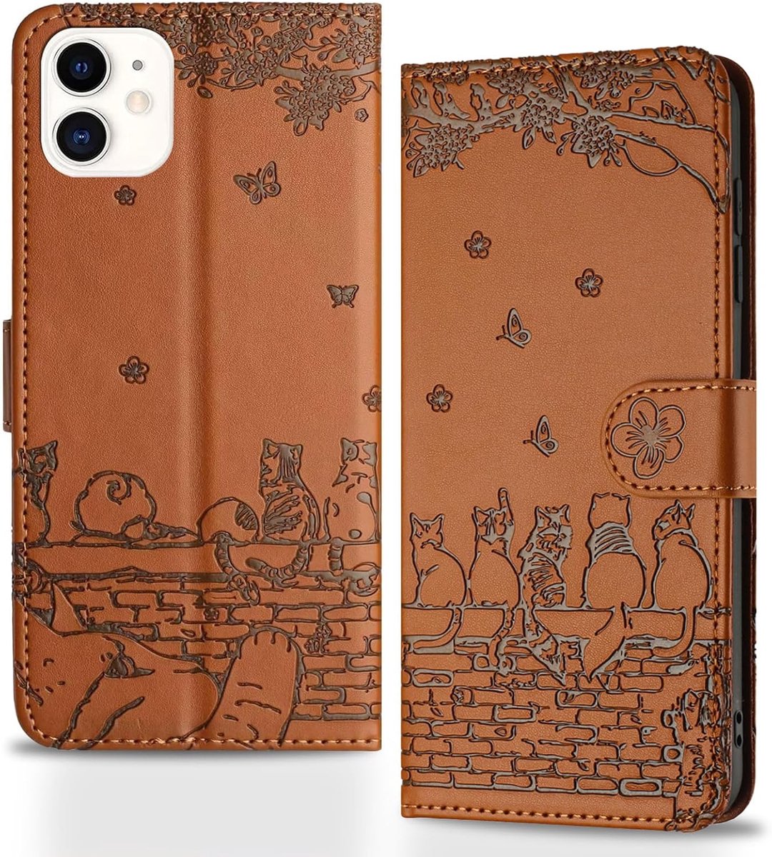 Hoes voor mobiele telefoon voor iPhone 12/iPhone 12 Pro, hek, katten, inklapbaar, PU-leer, portemonneehoes, flipcase, magnetische klaphoes met kaartenvak, standfunctie, bruin