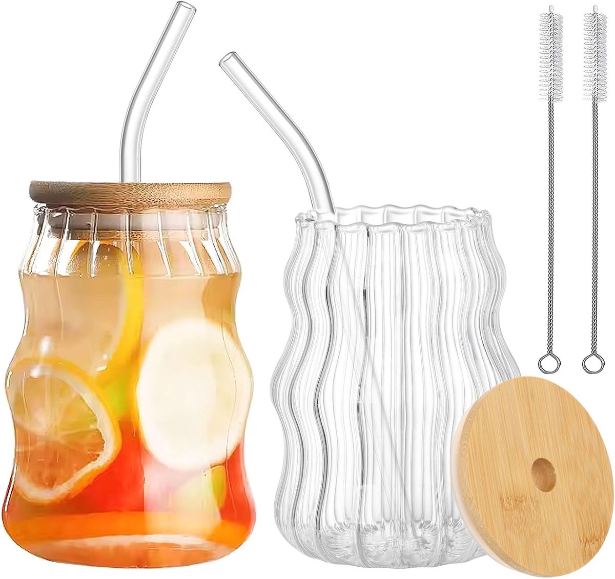 Bekers van 500 ml met deksel en rietje, verdikt glas, luchtdicht, waterdicht, voor vruchtensap/smoothies/bier/koffie/groentesap/thee, 2 stuks