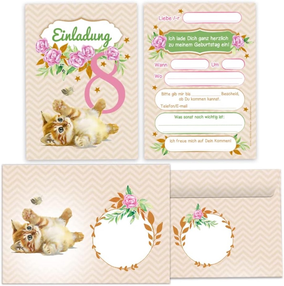 12 uitnodigingskaarten voor de 8e kinderverjaardag achtste verjaardag meisje kat incl. 12 enveloppen, 12 zakken / natuur, 12 stickers