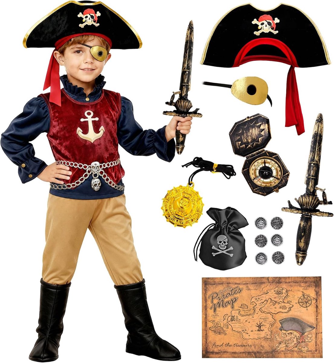 Kinderen jongens piratenaccessoires piratenhoed oogklep kompas portemonnee kaart praten decoratie voor kinderverjaardag Halloween carnaval kostuum voor kinderen 3 4 5 6 7 8 9 10 11 jaar