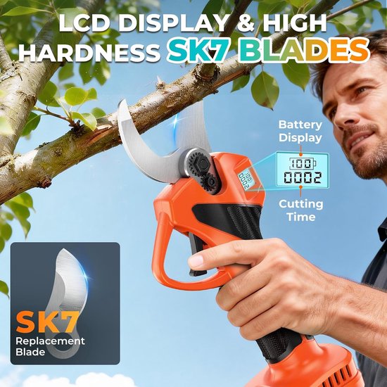 Elektrische snoeischaar met display, licht en draagbaar, elektrische snoeischaar met 1000 W borstelloze motor en 21 V, 2 x 2000 mAh batterijen, 4 tot 6 uur batterijduur, complete set voor — afbeelding 4