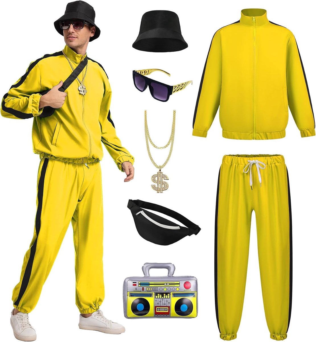 80 outfit voor heren, jaren 90 trainingspak met hiphopkostuum, accessoireset voor Halloween-themafeest
