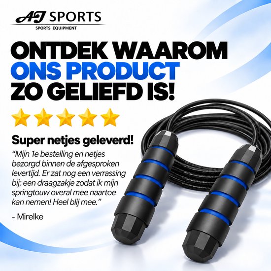 Zwart springtouw met blauwe en zwarte handvatten, met tekst 'Ontdek waarom ons product zo geliefd is!' en 4 sterren.