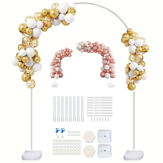 Compleet ballonboogpakket met accessoires, gouden, witte en roze ballonnen.