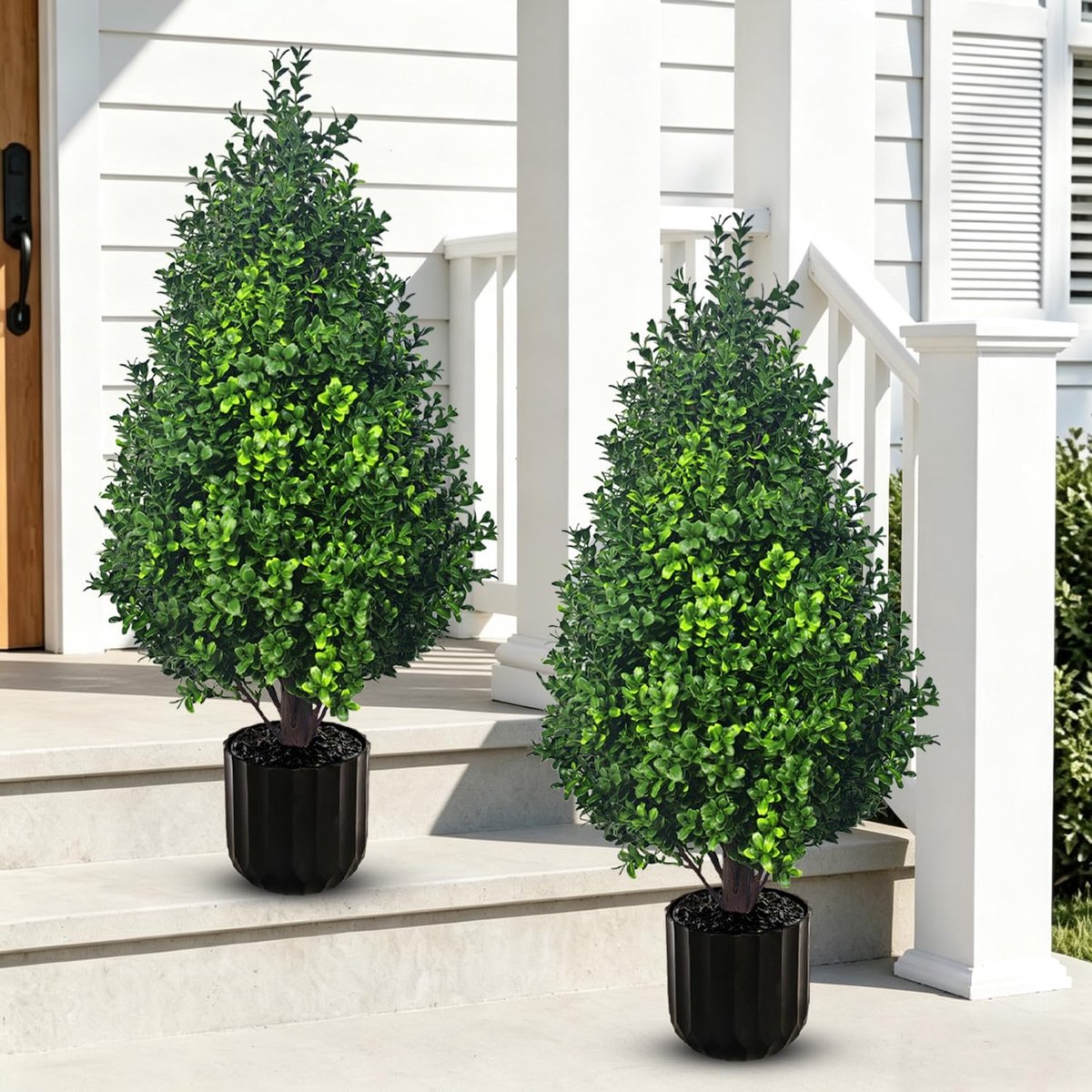 2 stuks 27,6 inch kunstmatige buxus vormsnoei bomen, UV-bestendige faux groenblijvende vormsnoei balplanten, buiten en binnen nepstruiken voor voordeur, veranda, terras, tuin, plantenbakken, thuis en