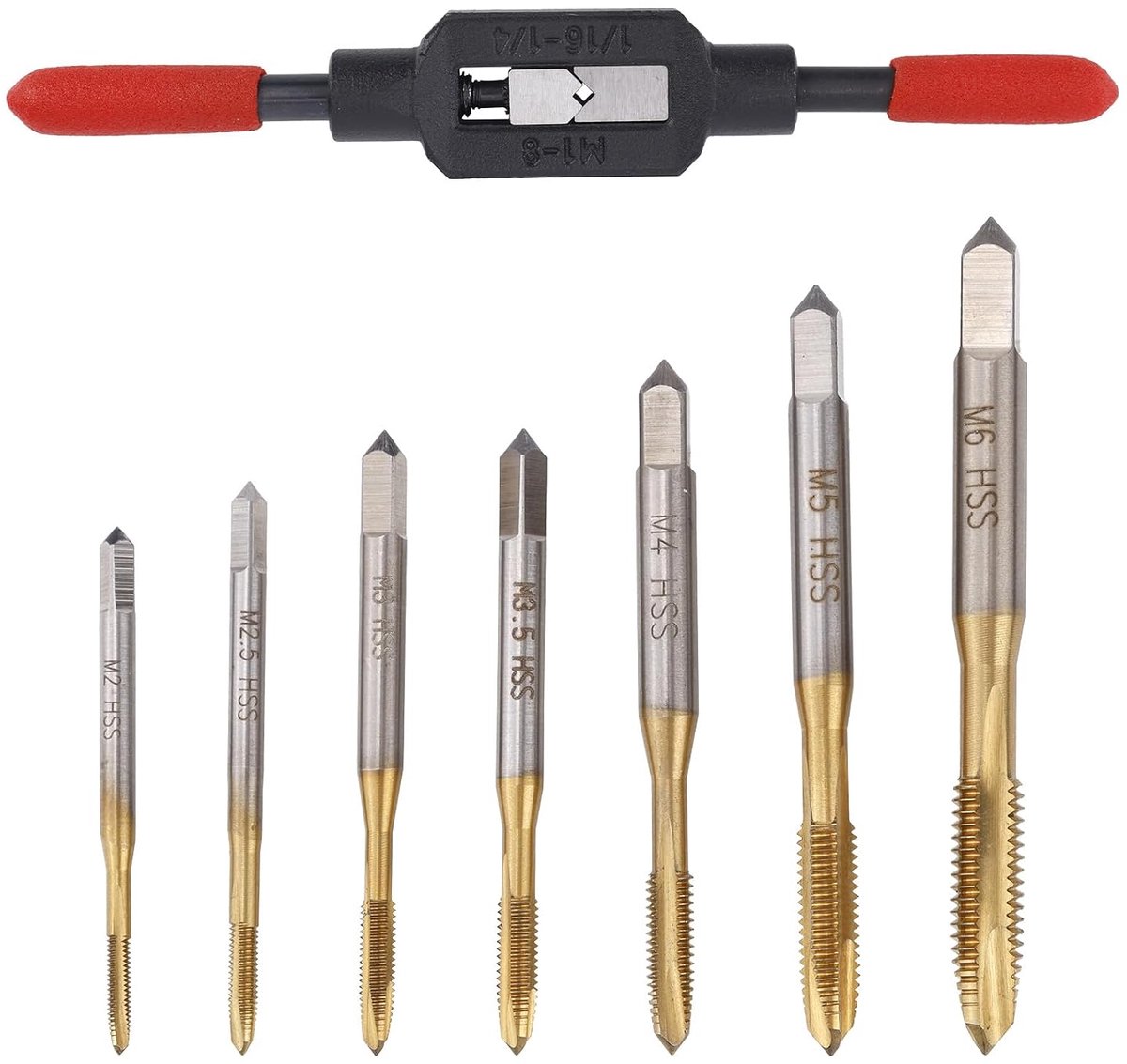 7st Metrisch Tap Set met Antislip Houder, M2-M6 Titanium Gecoat HSS Schroefdraad Punt Tappen Tap Gereedschap voor Metaal Plastic Hout DIY & Reparatie