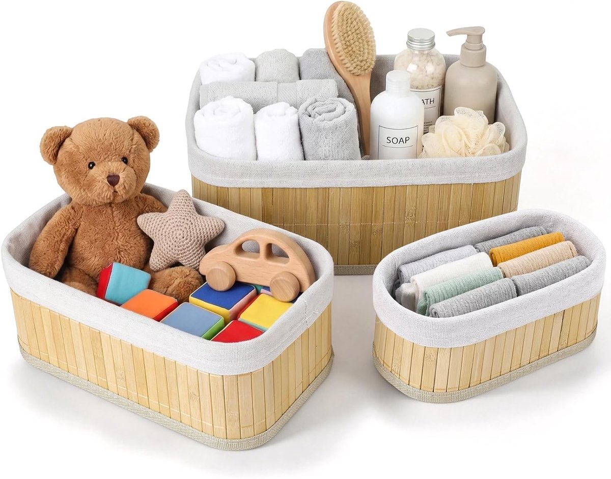 Set van 3 bamboe opbergmanden met stoffen inzetstuk, 3 maten (30 x 20 x 12, 25 x 15 x 10, 20 x 10 x 8 cm), manden voor badkamer, commode, plank en kinderkamer, stabiele opbergdozen, naturel