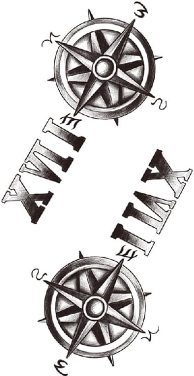Kompas-tattoo, kompasroos, tattoo, nep-tattoo, nep-tattoo, hemelrichtingen, tatoeage