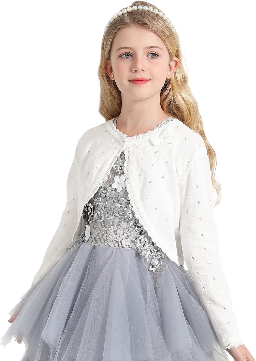 Meisjes Bolero Gebreid Vest Puur Katoen Lange Mouwen Ronde Hals Crème Wit 5-6 Jaar (Fabrikant Maat 120)