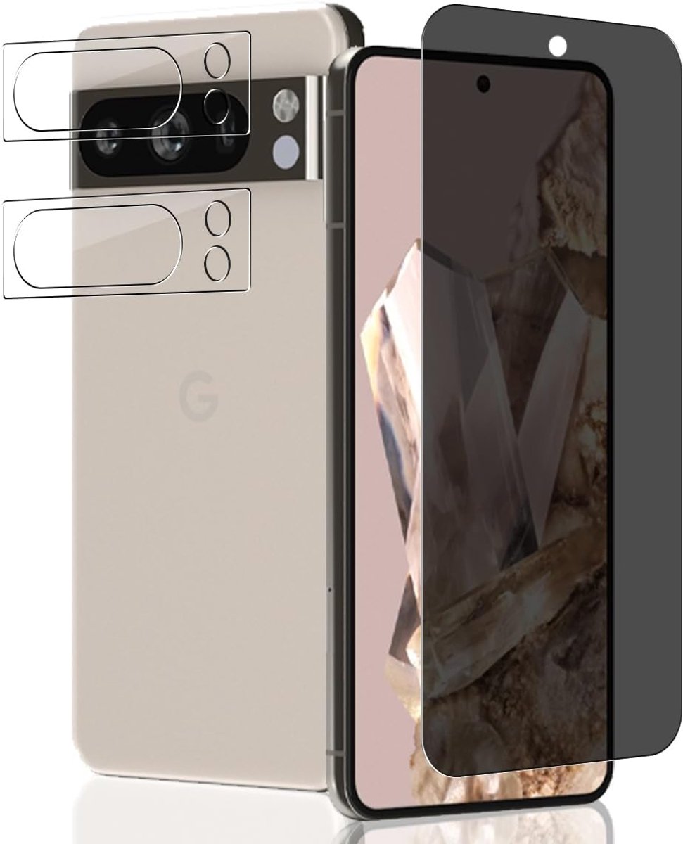 Gehard glas voor Google Pixel 8 Pro (6,7 inch), 1 stuks anti-spionage-displaybeschermfolie + 2 stuks camerafolie, 9H/luchtbelvrij, displaybescherming voor Google Pixel 8 Pro (6,7 inch
