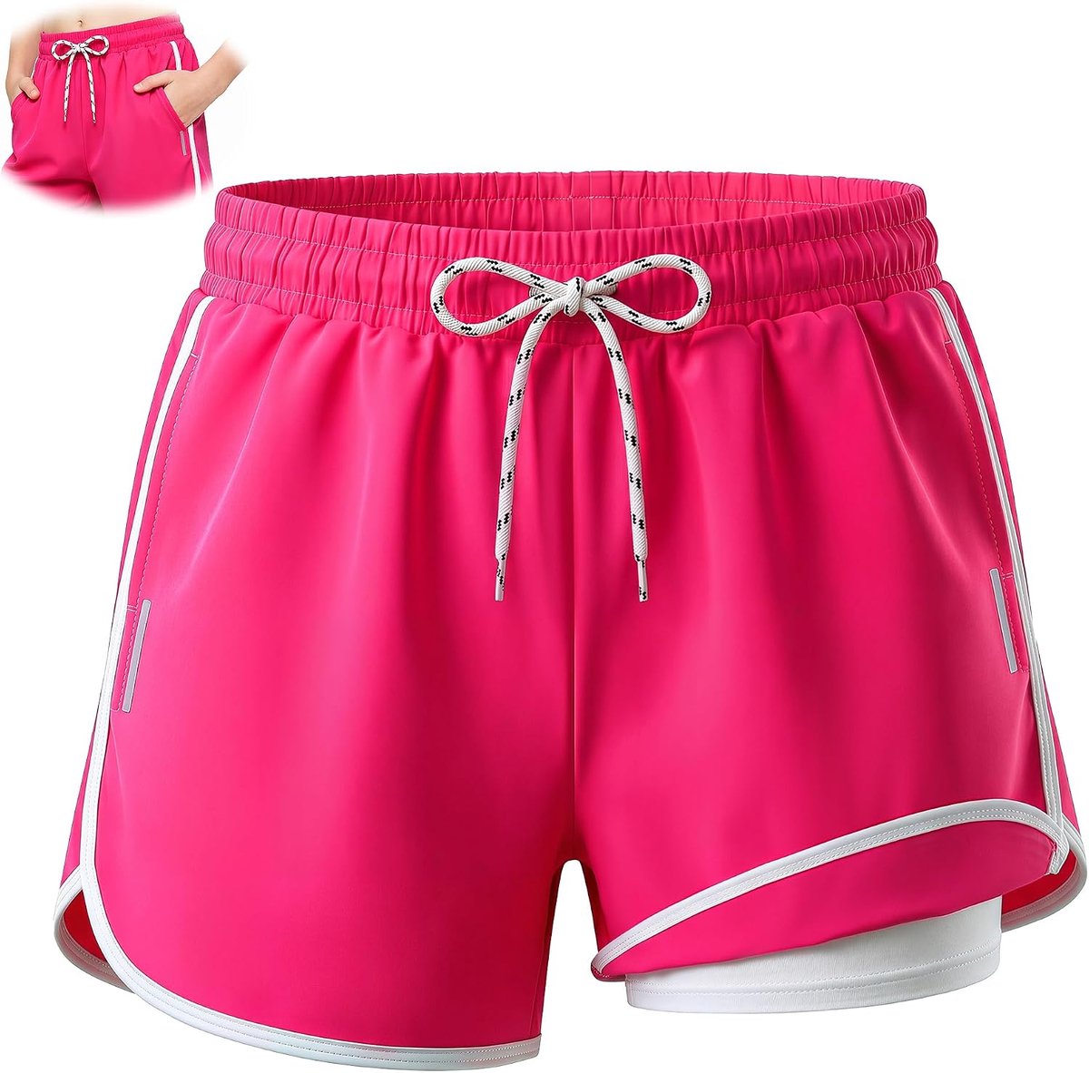 Zwembroek Jongens Meisjes Sneldrogend Korte Zwemshort met Zakken en Reflecterende Strepen Verstelbaar met Trekkoord, Zwemkleding Strand Surfen Boardshorts voor Kinderen 7-16 Jaar