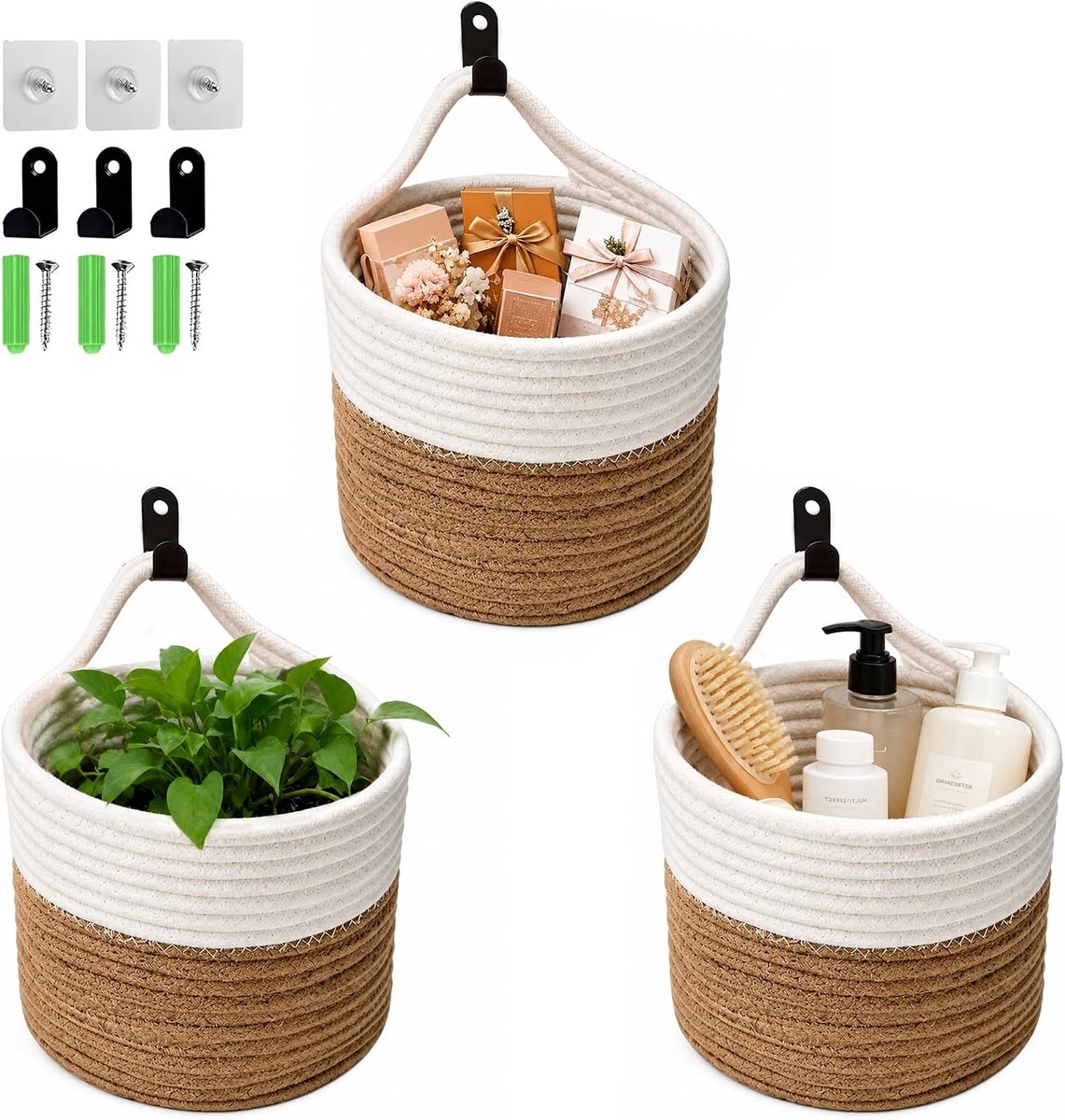 3-delige set katoenen opbergmand wandmand met handgrepen