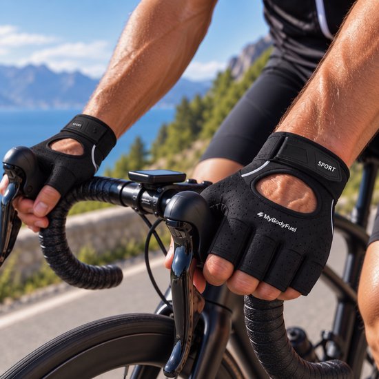 MyBodyFuel - Fietshandschoenen - Wielrenhandschoenen - Mountainbike Handschoenen - Schokdempende Padding - Antislip - Unisex - Maat L - Zwart — afbeelding 4