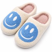 Smiley Sloffen Dames & Heren – Warme Pantoffels – Fluffy Gevoerd – Instapmodel – Antislip Zool – Wit/Blauw - 40/41