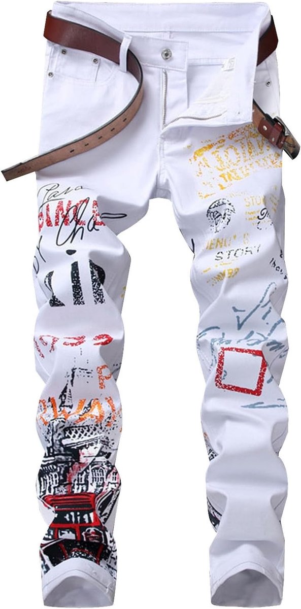 Jeans voor heren, broek van stretchdenim, gescheurd, met stijl, inkt en streetwear, Wit, 28
