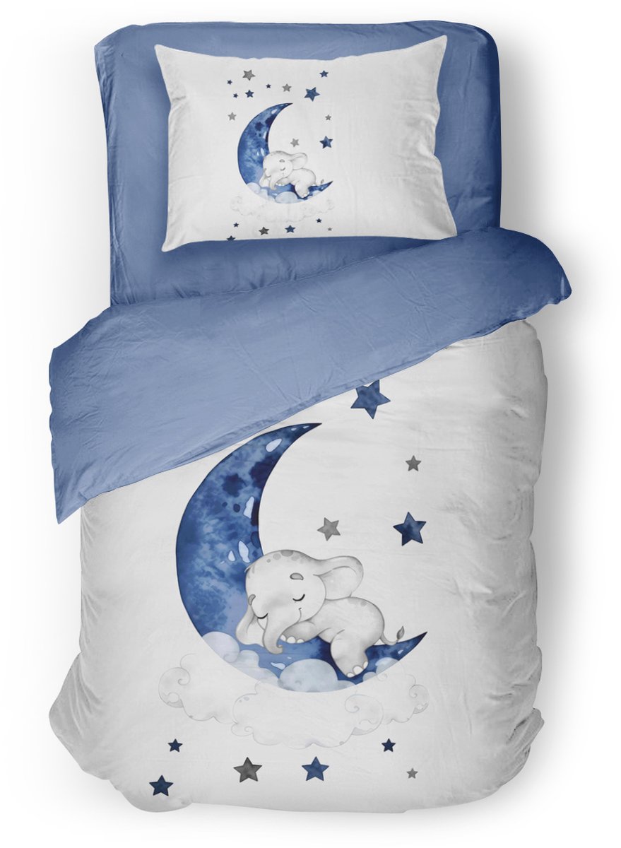 Eleganzzz Kinder Dekbedovertrek Elephant Moon - Olifant Dekbedovertrek - Blue - 140x200/220 cm - Dekbedovertrek Kinderen - Micropercal - Eenpersoons Ice Baby