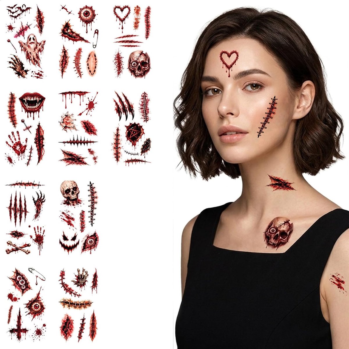 10 vellen Halloween wond littekens tatoeages, bloedige wond nepbloed make-up stickers, voor Halloween make-up cosplay party littekens tatoeage maskerade grap prop decoraties gezicht