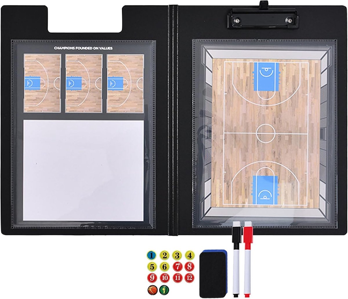 Coach bord met voorgedrukte veldplattegrond - Dubbelzijdig whiteboard voor het visueel uittekenen van spelpatronen, strategieën en formaties. Draagbare set voor time-outs, trainingen
