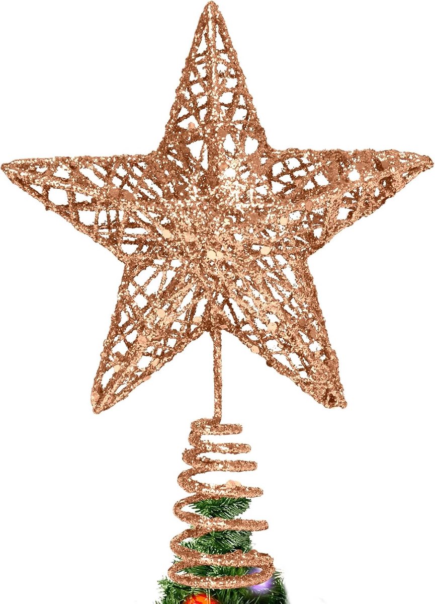 Ster, glitter, 3D metallic, kerstboompiek, dennenboom, punt, ster voor kerstboom, kerstboomversiering, 20 x 15 cm (champagne, M)