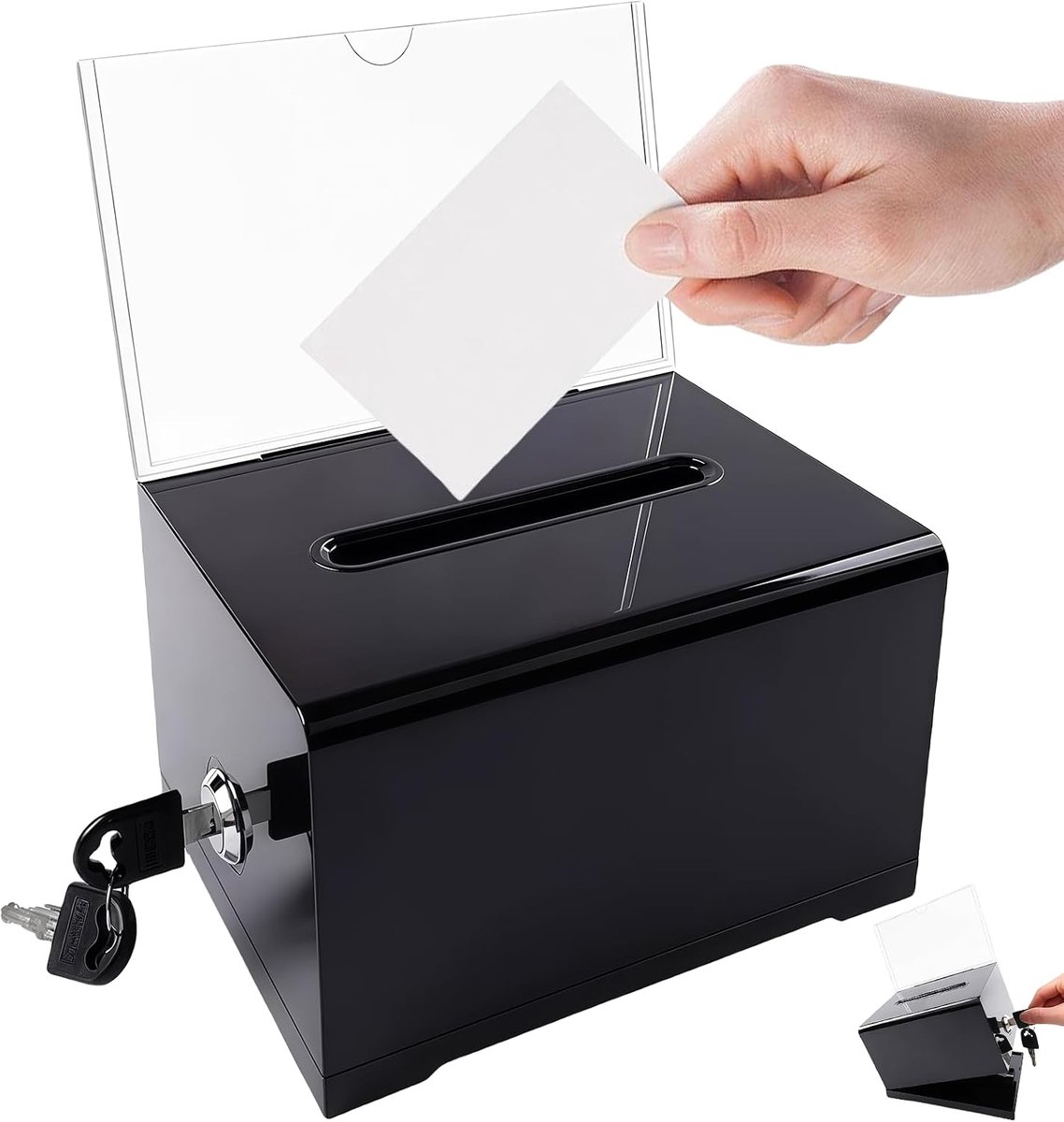 Dispenserbox met sleutel, afsluitbaar, losbox afsluitbaar, stembus donatiebox, doorzichtig voor stemmingen, wedstrijden, wedstrijden, zwart