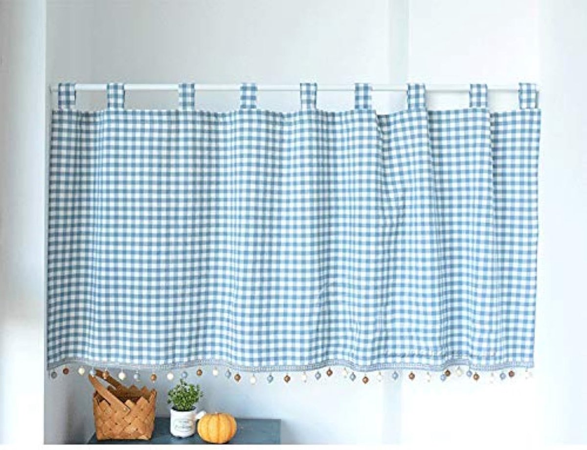 Schlaufenschal karo gordijn, gekareerd, keuken gordijn, vitragegordijn met ronde rand, landelijke stijl, bistrogordijn met raffhalter (HxB 40x140cm, blauw) 1 stuk