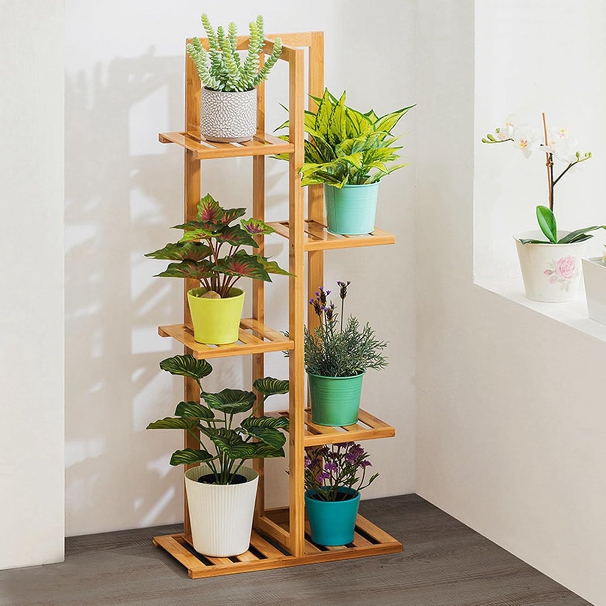 bloemenrek, houten bloemenstandaard voor binnen en buiten, 5 niveaus, balkon, plantenrek, plantentrap, tuin, plant, standaard, plantenrek voor woonkamer, tuin, 45 x 22 x 103 cm