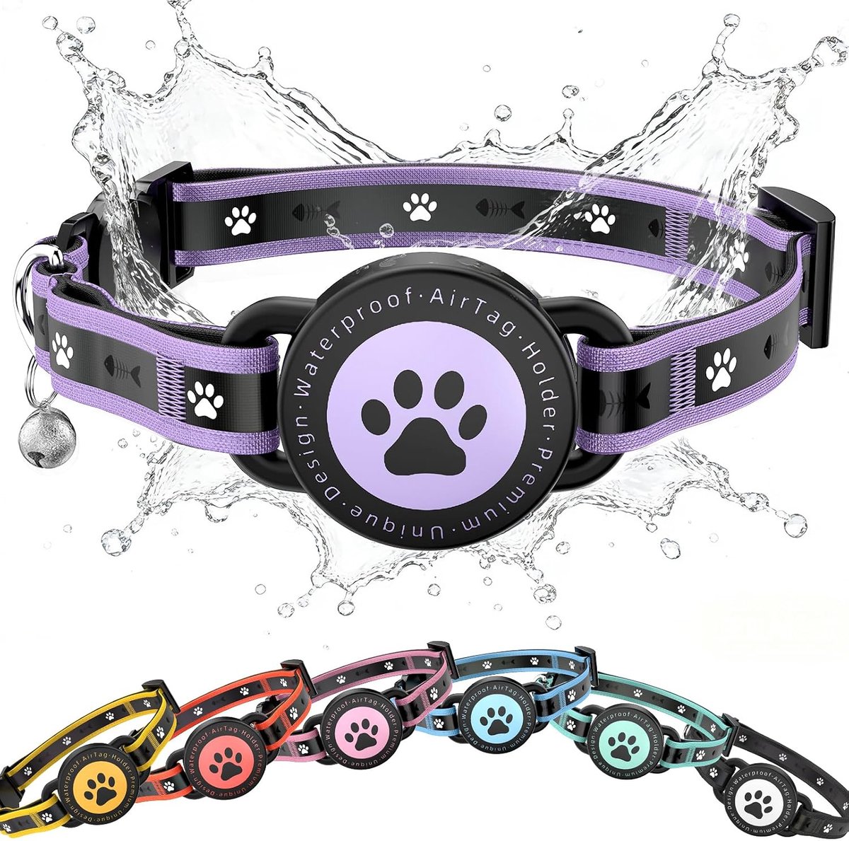 Kattenhalsband voor AirTag met Veiligheidssluiting, Reflecterend Halsband met AirTag-houder en Bel, Comfortabel Gevoerd, Verstelbaar en Waterdicht Voor Katjes (Lila, 8"-10.5")