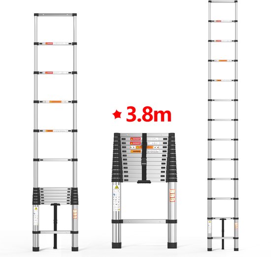 Drie ladders: twee volledig uitgeschoven en één ingeklapt, met de tekst '3.8m'.