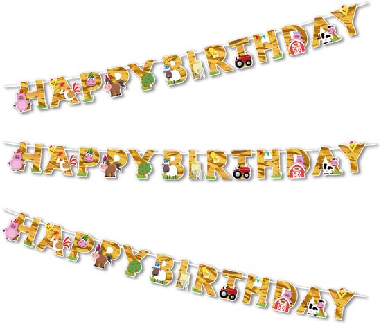 Drie gouden 'Happy Birthday' slingers met boerderijdieren en voertuigen.