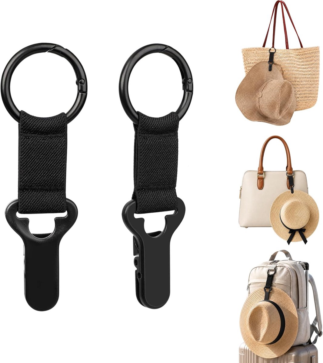 & Breathe 2 stuks hoedhouder clip voor tassen accessoires, handsfree hoedclip voor reizen, rugzakcliphouder & tas accessoires (zwart)