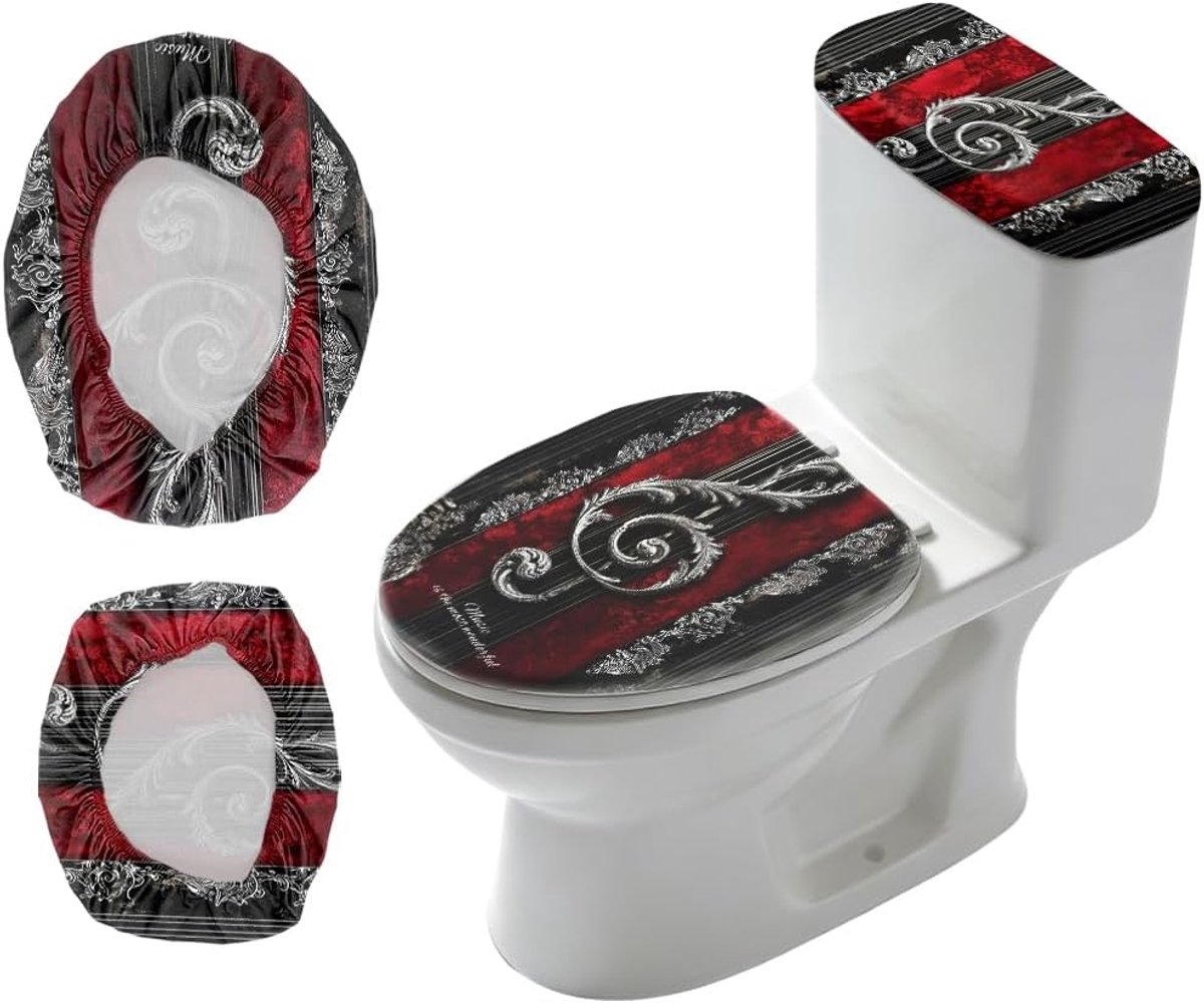 2 Stks Barok Treble Clef Toilet Deksel Cover en Tank Cover Set Stretch Cover Sets Vintage Toilet Stoffen Sets Machine Wassen Past Rond Langwerpig Langwerpig voor Badkamer Vervanging