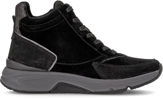 Zwarte Gabor Rollingsoft-veterschoen met suède details, rits en grijze zool.