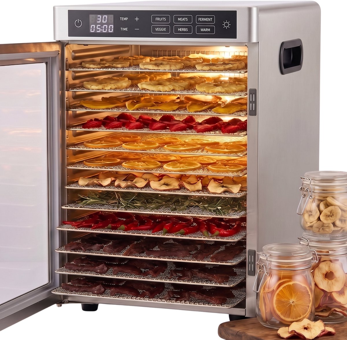 Luxuriq Voedseldroger - Dehydrator 12 laags - Droogoven - 12 siliconen matjes - 24-Uurs Timer - Voorgeprogrammeerde programma's - Led-bedieningspaneel - Gratis receptenboekje - 800 Watt