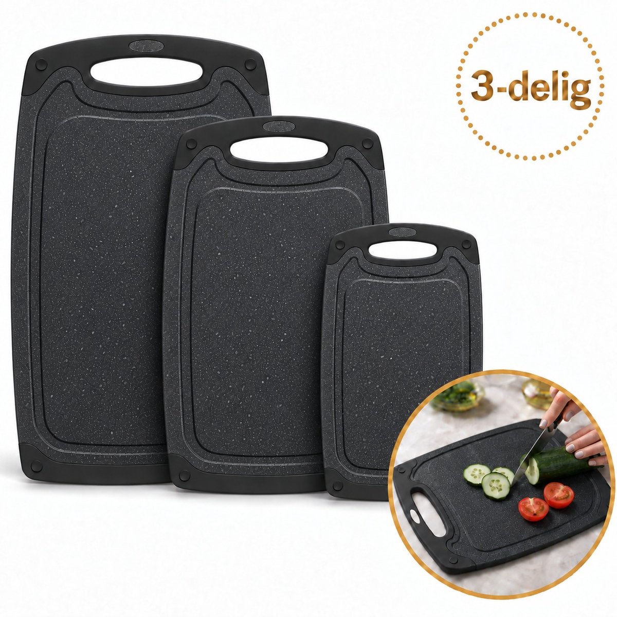 DIVERZA Snijplankenset 3-Delig – Kunststof met Handvat en Sapgeul – 40x24 / 32x20 / 25x15 cm – Zwart