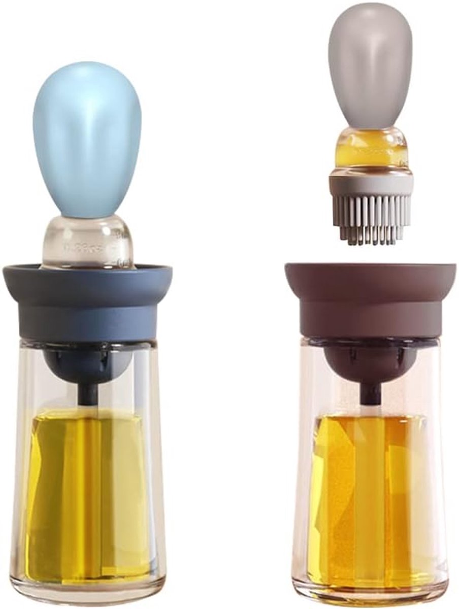 2 Stucks Glazen Oliefles met Barbecue Borstel 180ml Olie en Azijn Flessen met Siliconen Borstel voor Keuken BBQ Grillen Bakken en Koken, T-OB21S Blauw+Grijs
