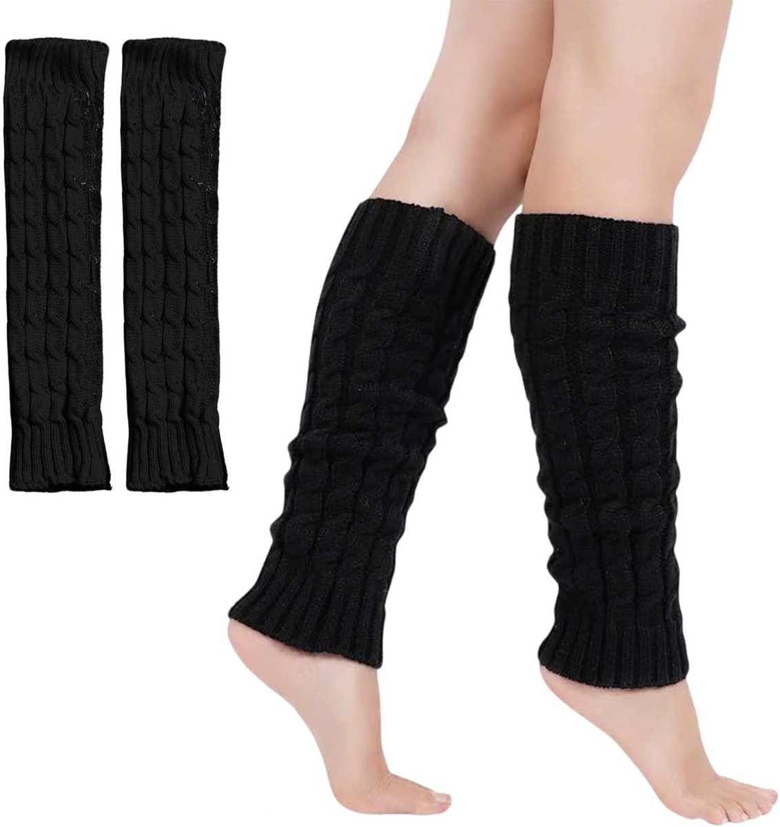 Dames beenwarmers, winter fleece gebreide beenwarmers, lange kniekousen voor herfst en winter (zwart)