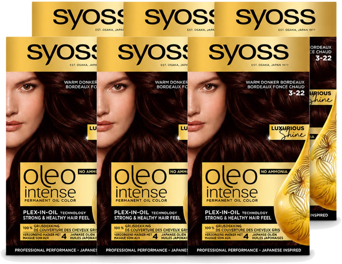 6 x SYOSS - Oleo Intense 3-22 - Haarverf - Permanente Haarkleuring - Warm Donker Bordeaux - Langdurige Kleur - Voordeelverpakking - 6 stuks