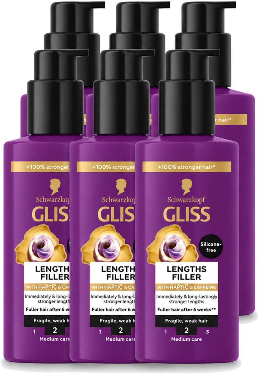 6 x Gliss - Haarserum - Lengths Filler - Siliconenvrij met Cafeïne - Voor Sterker Haar - 100 ml - Voordeelverpakking - 6 stuks