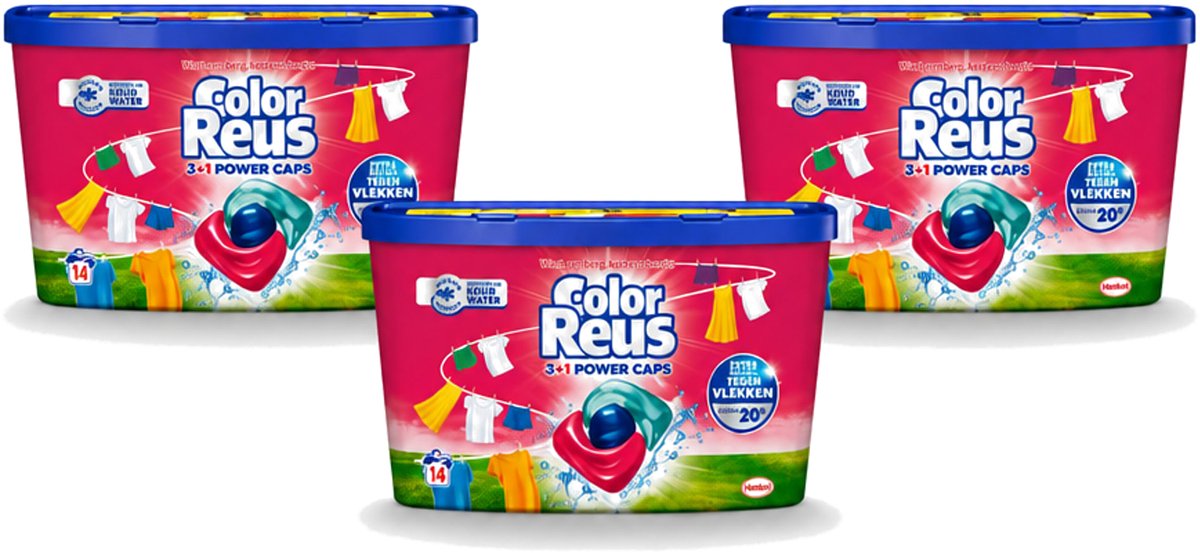 3 x Color Reus - 3+1 Power Caps - Gekleurde Was - 14 Wasbeurten - Voordeelverpakking - 3 stuks