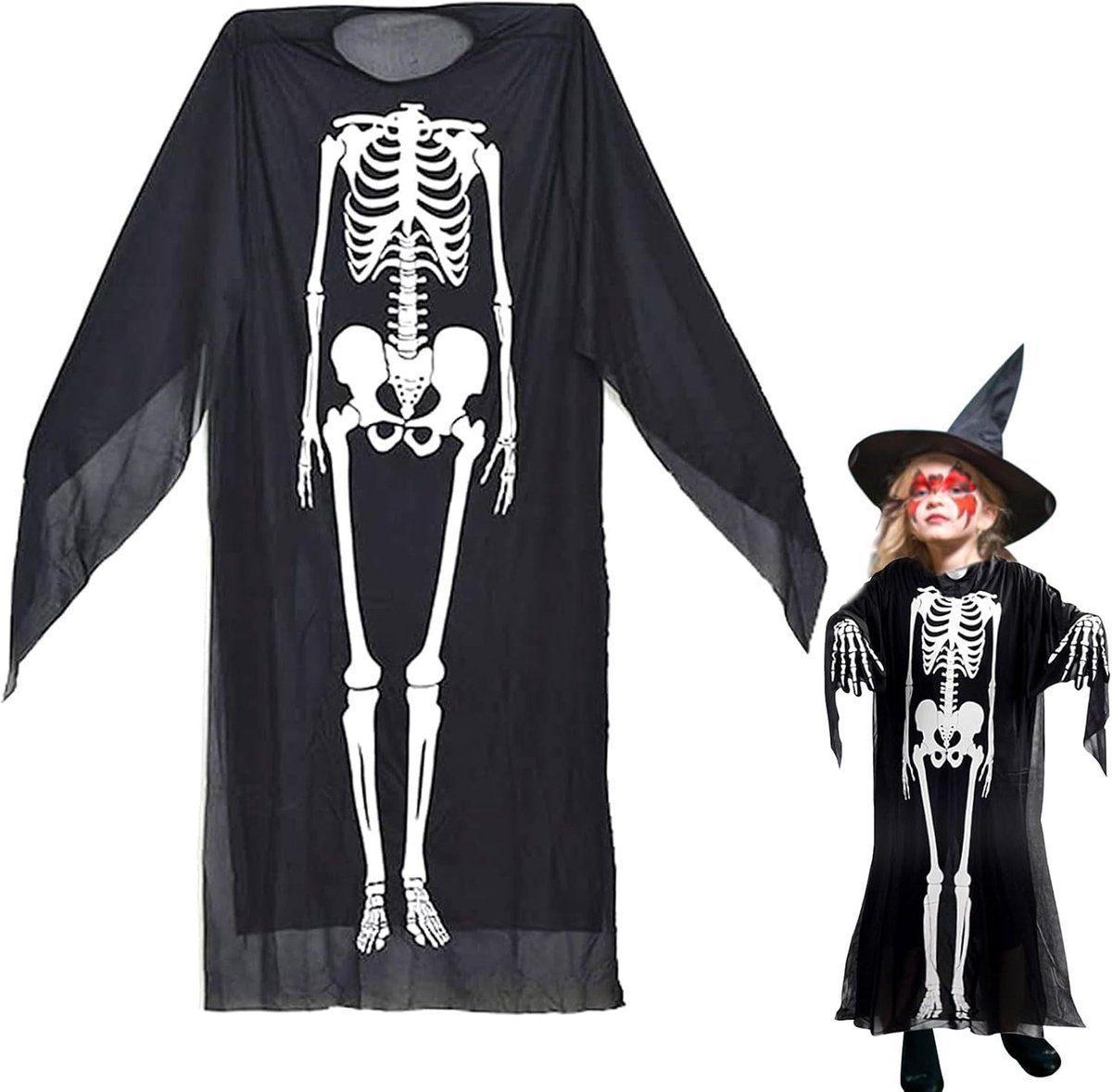 Halloweenkostuum voor kinderen, 90 cm, skeletkostuum voor kinderen, halloweenkostuum voor kinderen, skelet voor Halloween, kerstfeest, jurk, Halloween party