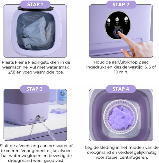 Boncy® Premium Mini Wasmachine met centrifuge - 11L Paars - Compacte Opvouwbare Miniwasmachine - Kleine Wasmachine Opvouwbaar - Ideaal voor Camping Apartement Kamer of Reizen - 4 kg + van Boncy — afbeelding 4