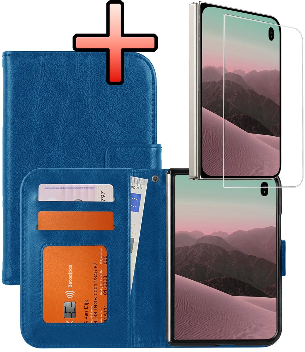 Hoesje - Met Screenprotector - Geschikt voor Apple iPhone Duo - Luxe Pasjeshouder - Bookcase Portemonee - Flip Case - Kunstleer Book Case - Flipcase - Book Cover - Walletcase - Portemonneehoes - Donkerblauw