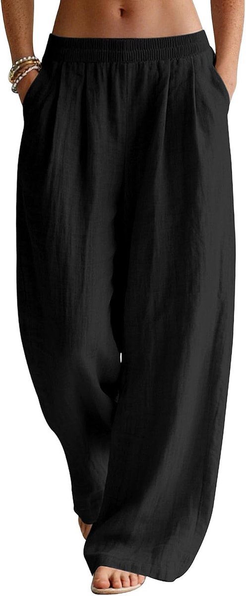Linnen Broek Dames Zomer Wijde Pijpen Effen Kleur Elegant Strand Vrije Tijd Licht Met Zakken
